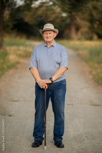 Grandfather in a hat. Portrait of a very old Caucasian man. Portrait: elderly, lonely, elderly, with many wrinkles on his face. Close-up of a thoughtful old man standing alone outdoors.