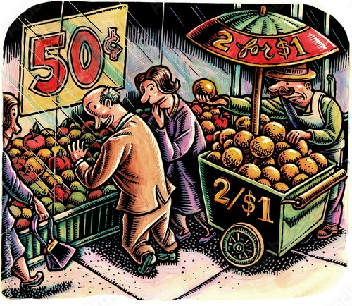 apple and orange cart outside store selling apples and oranges for same price, customers prefer those in the store.
