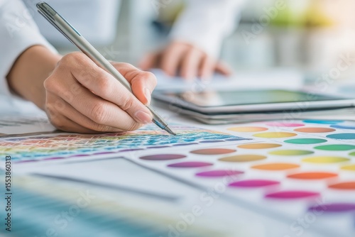 A graphic designer is seated at their office desk, employing a computer and graphic tablet to bring their creative ideas to life