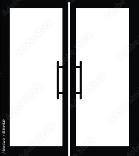 Double glass door vector icon with handles simple black and white design for architecture and interior design projects 