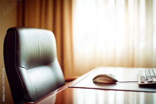 A modern businessman's workplace is often defined by a computer, wooden table, and chair positioned in a cabinet, exemplifying an office style that values spaciousness and is equipped with the latest