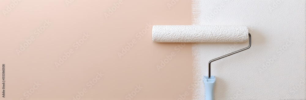 Obraz premium Hand painting a wall using a paint roller and pastel colors represents apartment renovation, including aspects of repair, building, and home design, and is accompanied by copy space for a banner, as