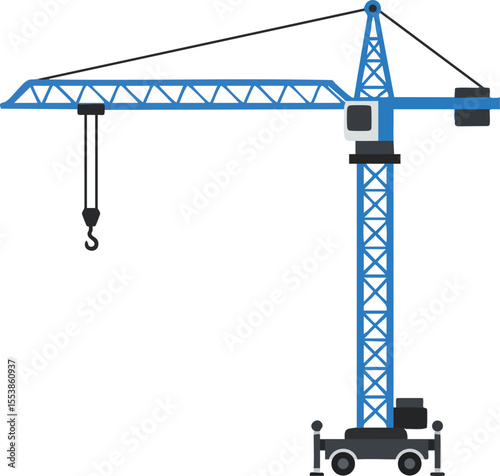 Blue construction crane with hook for building sites and heavy lifting equipment vector illustration 