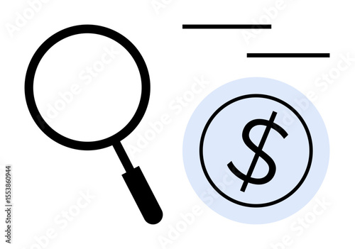 Magnifying glass exploring a dollar symbol, blue circular background, abstract lines. Ideal for finance, investment, analysis, strategy, savings research audit. Simple flat metaphor
