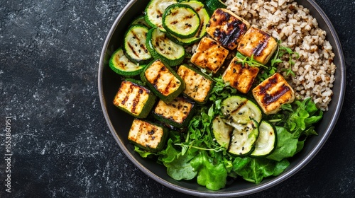 Balanced plate with tofu, grilled zucchini, and brown rice, protein and greens concept generative ai