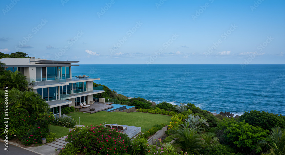 Obraz premium Modern coastal home with expansive ocean views, lush greenery, and clear blue skies.