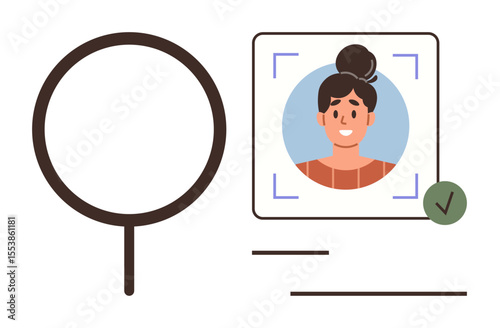 Magnifying glass analyzing a profile photo with focus lines, verification checkmark, and identification details. Ideal for digital identity, authorization, security, profile setup, online validation