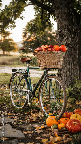 Old bicycle near tree with orange leaves, basket full of apples and flowers, rural road background, fall season, calm atmosphere