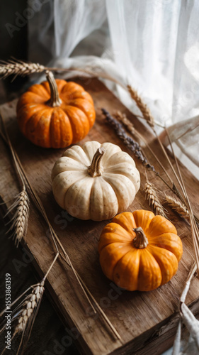 Small yellow and orange pumpkins decorated with golden wheat and dried lavender on aged light wood background, fall greeting card