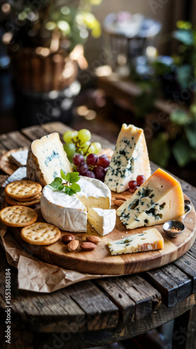 Assortment of mold-ripened cheeses with nuts and grapes on a round cheese plate and wooden table, green flowers and plants in the background