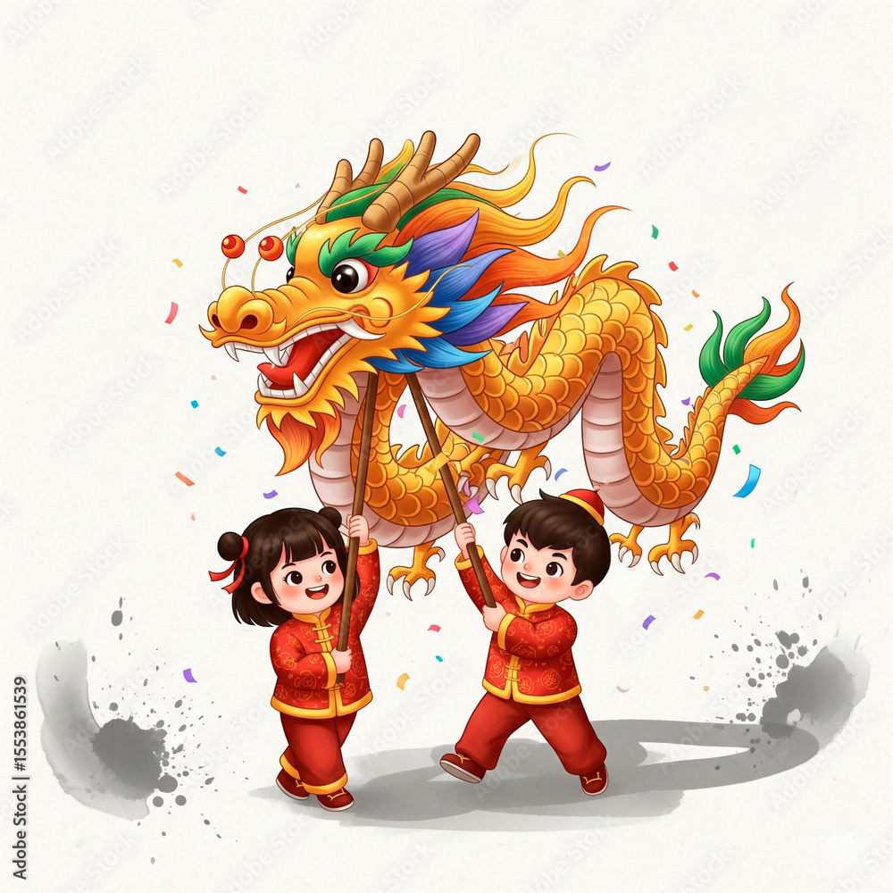Naklejka premium Festive Chinese Dragon Dance with Kids in Traditional Attire, Perfect for Lunar New Year Decor