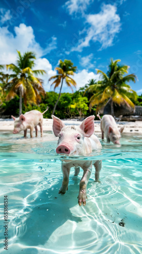 A piglet’s snout and eyes peek above crystal-clear water near a palm-lined shore