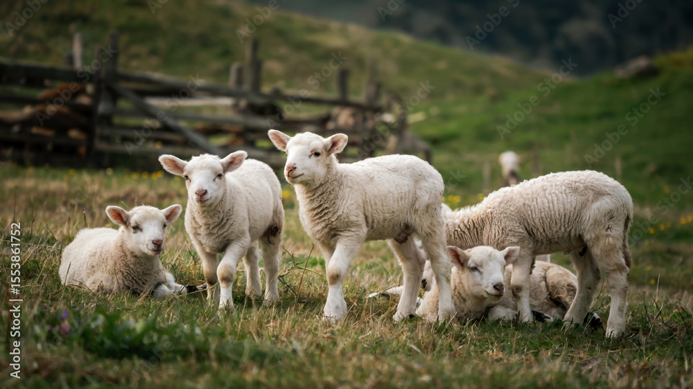 Obraz premium A group of fluffy lambs grazing in a sunlit meadow, some lying down, others nibbling grass, with rolling hills and a rustic wooden fence in the background, concept of farm life, rural beauty