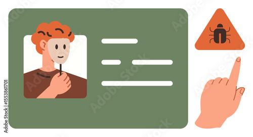 Person holding a mask on ID card, hand pointing at bug warning sign, stressing data safety, fraud prevention, trust, online identity, cyber risks. Ideal for hacking, cybercrime fraud digital