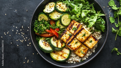 Balanced plate with tofu, grilled zucchini, and brown rice, protein and greens concept generative ai