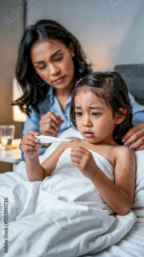 5-year-old Asian child holding thermometer, concept of fever, caregiving