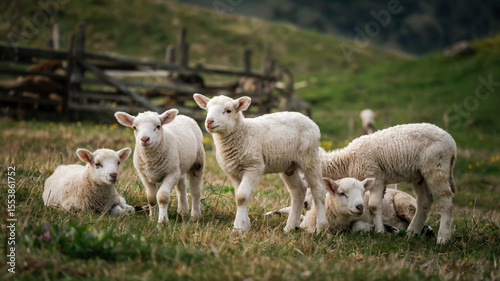 A group of fluffy lambs grazing in a sunlit meadow, some lying down, others nibbling grass, with rolling hills and a rustic wooden fence in the background, concept of farm life, rural beauty