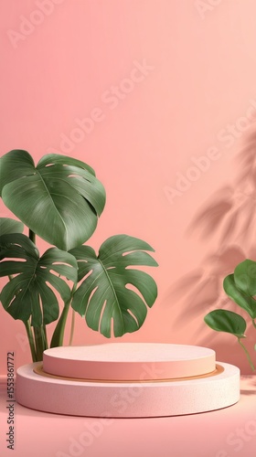 Stylish Plant Arrangement on a Round Pedestal Against a Pink Backdrop for Mod...