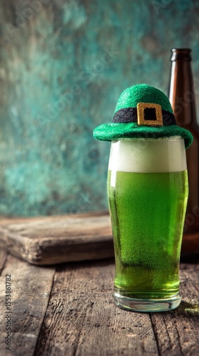 Green Beer With a Festive Hat Displayed on Wooden Table During Celebration.