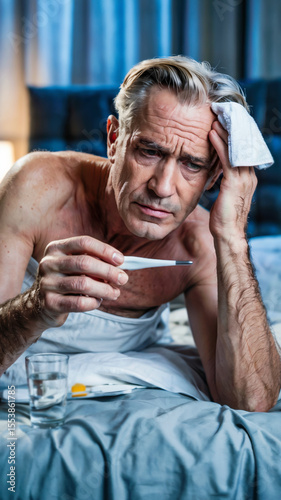 Elderly man in bed wiping sweat with towel, holding thermometer, concept of fever, illness