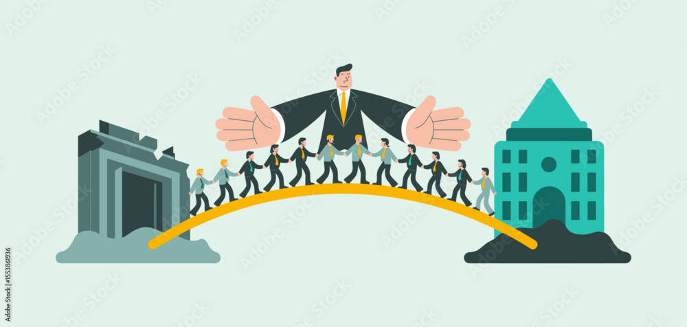 Obraz premium leader creating a bridge for a team to transition between old and new buildings, vector illustration for change management, strategic transition and organizational development 