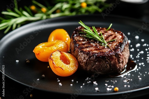 Grilled Steak With Apricots and Herbs Served on a Black Plate for a Gourmet D...