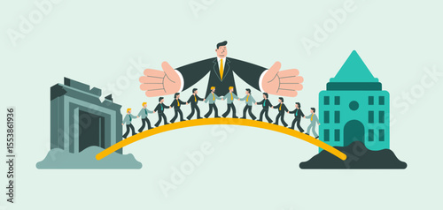 leader creating a bridge for a team to transition between old and new buildings, vector illustration for change management, strategic transition and organizational development
