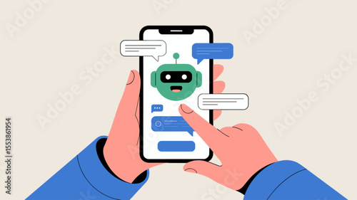 user interacting with a chatbot on a smartphone, vector illustration for chatbot implementation, ai customer service and virtual assistant support
