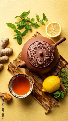 Preparing Herbal Tea With Ginger, Lemon, and Fresh Mint on a Yellow Background
