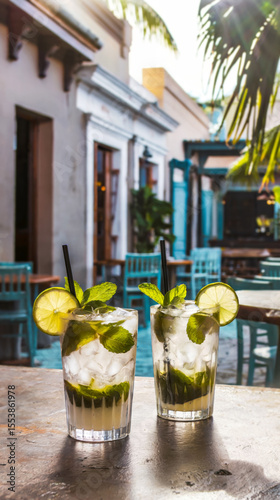 Two mojitos with lime and mint on a rustic table at a colonial-style Caribbean café
