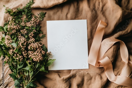 Blank Paper Surrounded by Fresh Greenery and Blooms on a Textured Fabric Back...