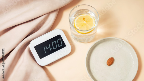 Flat lay with a digital fasting timer, glass of water with a lemon slice and plate with a single almond. Concept of intermittent fasting and metabolic health