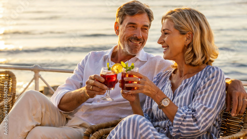 An elegant older couple sitting at a seaside restaurant at sunset, holding red sangria, smiling in warm light, calm ocean behind, concept of romantic dining and tourism