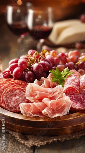 Assorted Meats and Fresh Grapes on Wooden Board With Wine Glasses in Warm Set...