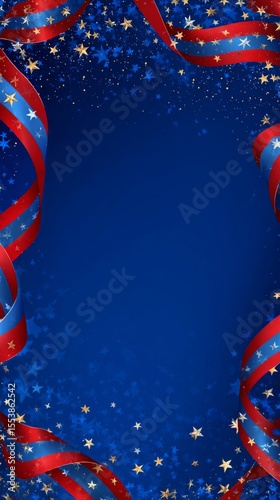 Bright Red and Blue Ribbons With Golden Stars Against a Blue Background for F...