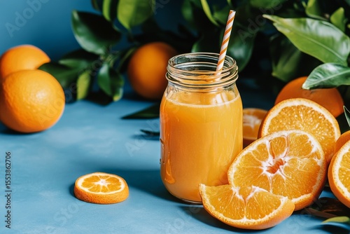 Refreshing Orange Juice Served in a Glass Jar With Fresh Oranges on a Blue Ba...