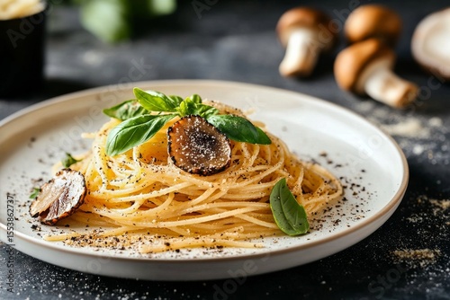 Delicious Spaghetti With Mushrooms and Herbs Served on a White Plate.