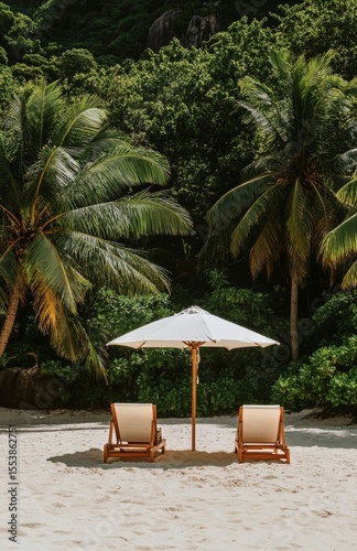 Relaxing Beach Chairs Under an Umbrella on a Tropical Shoreline Surrounded by...