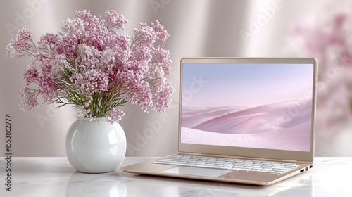 Minimal laptop mockup on a white table with pink sand dunes on screen and a small plant, pastel background, soft lighting, modern workspace concept