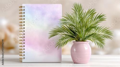 Cute minimalistic setup with a laptop, pastel dunes screen, and small plant on a white table. Bright studio lighting and sharp focus for product design or tech branding.