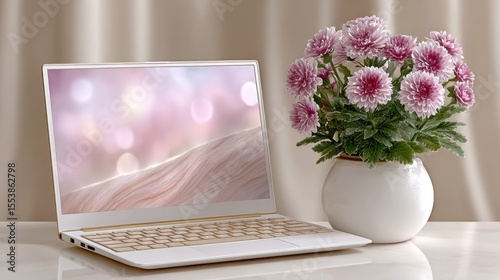 Laptop with pink sand dunes on screen and a white potted plant on a white table, set against a pastel background. Cute, minimal and high-resolution for product photography.