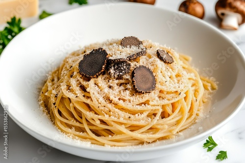 Delicious Spaghetti With Truffle and Parmesan Served on a White Plate With Fr...