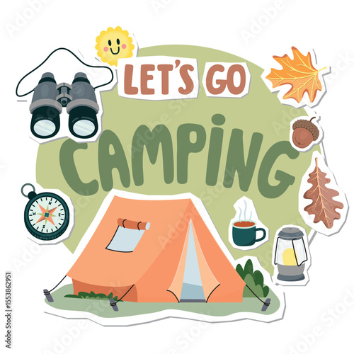Let's go camping collage elements set with tent, binoculars, compass, mug with hot drink, oak and maple leaves, acorn, smile. Travel cartoon objects with paper cut shapes. Vector designs for banner.