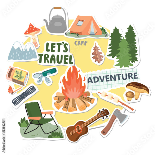 Camping collage elements set with campfire, tent, mushrooms, chair, pine forest, oak leaf, matches, axe, marshmallow, folding knife, guitar,mountains. Vector cartoon objects with paper cut shapes.
