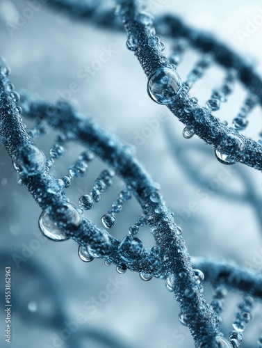 Close-up of two strands of DNA showcasing molecular structure and intricate details with water droplets