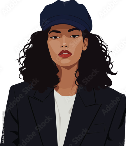 Confident young woman with curly hair wearing navy blue cap and black blazer vector illustration portrait 