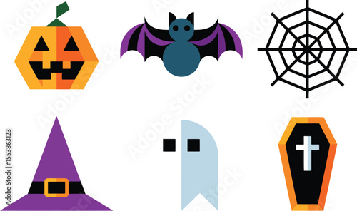 Geometric Halloween Icons Pumpkin Bat Spiderweb Witch Hat Ghost Coffin jackolantern