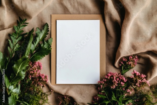 Blank Paper Surrounded by Fresh Greenery and Blooms on a Textured Fabric Back...