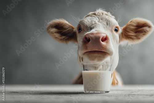 Dairy Delight: A whimsical close-up of a young calf gazing curiously over a glass of fresh milk, its innocent expression capturing the essence of farm-fresh goodness and rural charm.