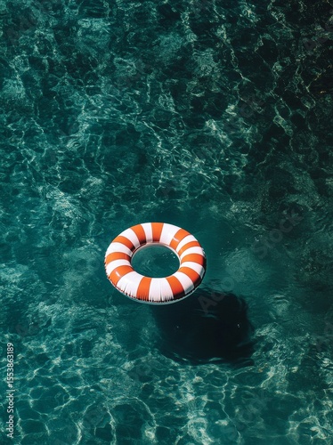 Lifesaver Ring Floating in Clear Swimming Pool Water on a Sunny Day